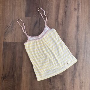 Y2K Hollister yellow & white striped top with pink floral trim and eyelet detail